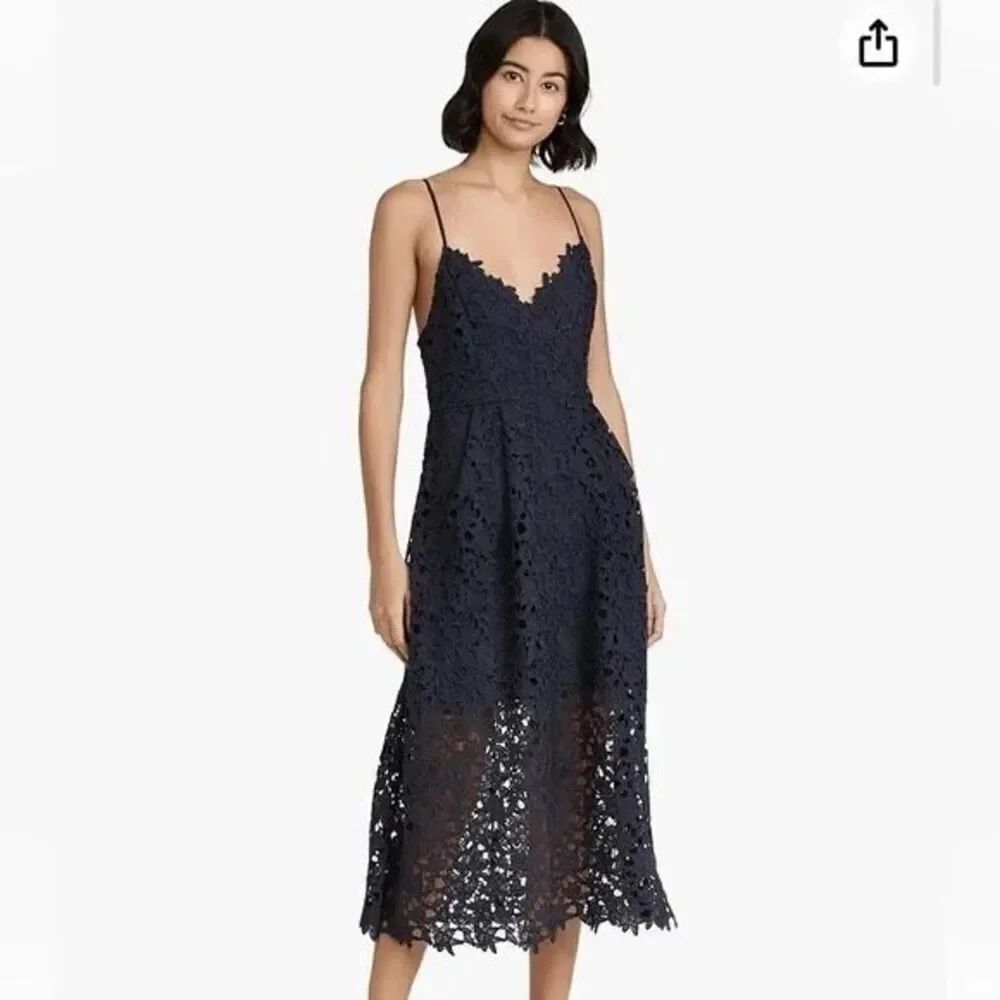 NEW ASTR Lace A-Line Midi Dress in Navy Blue Small